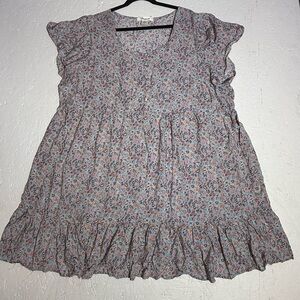 Passport Blue Floral Midi Ruffle Dress Size 3XL Front Faux Buttons Fall Boho